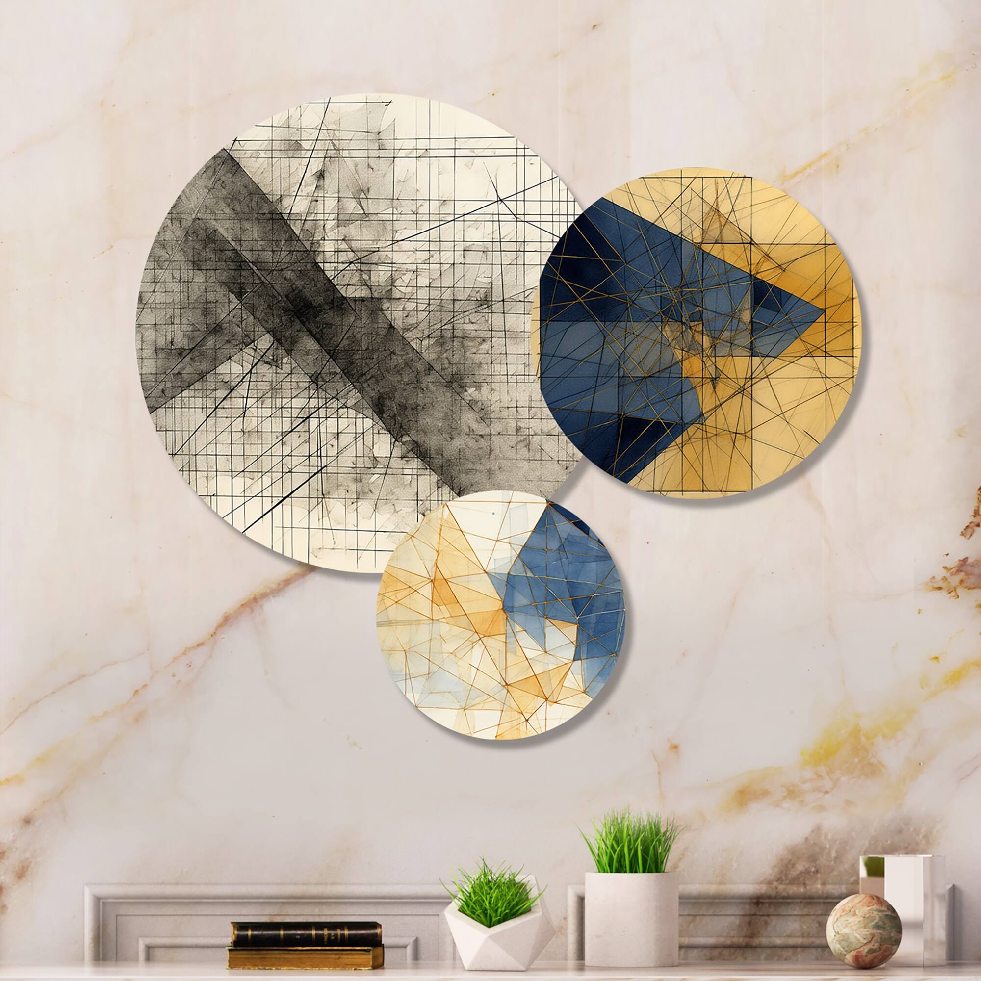 Designart "Minimalist Black, Blue and Gold" Abstract Metal Wall Art